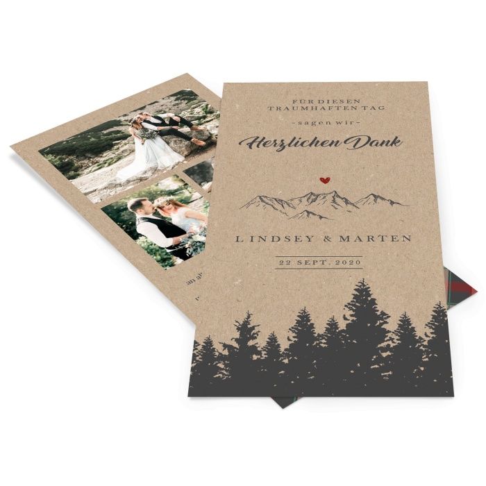 Hochzeitsdanksagung mit Bergen und Wald in Kraftpapieroptik