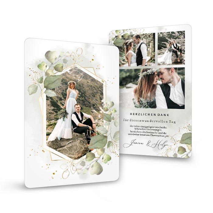 Hochzeitsdanksagung mit Foto im geometrischen Rahmen und Eukalyptus