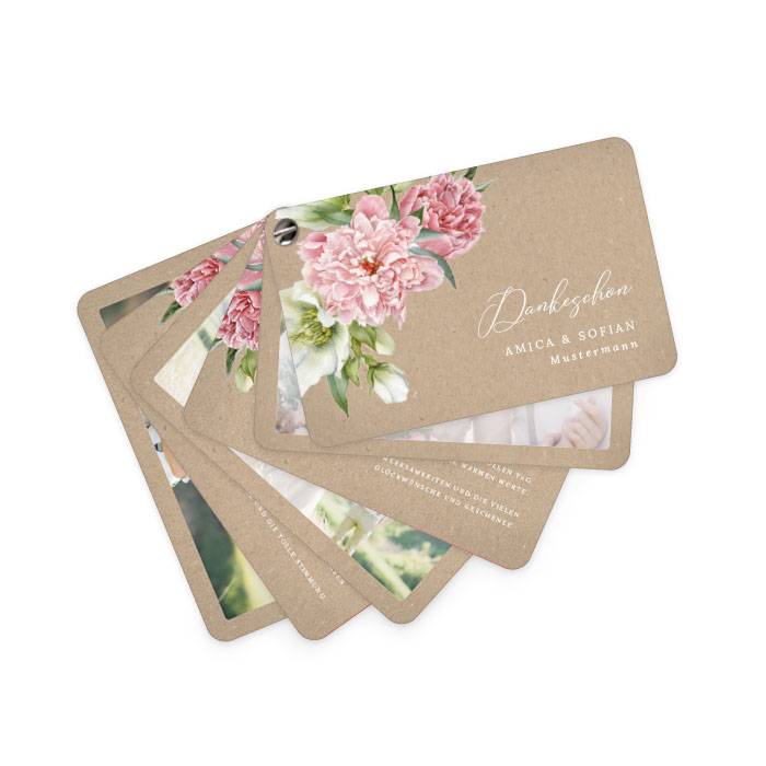 Hochzeitsdanksagung als Kartenfächer mit eleganten Blüten