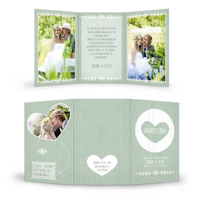 Danksagung zur Hochzeit im Packpapierlook in Grün mit Herz