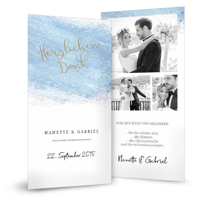 Moderne Hochzeitsdanksagung mit Aquarelldesign in Hellblau