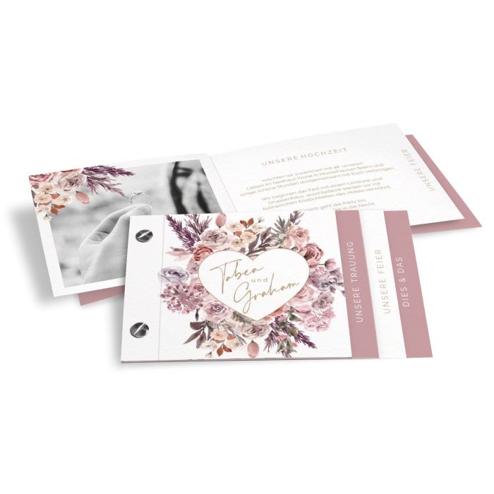 Hochzeitseinladung als Booklet mit Aquarell Trockenblumen in Rosa und Herz
