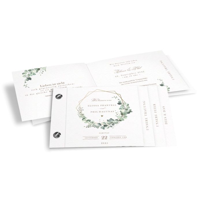 Hochzeitseinladung als Booklet mit goldenen Rahmen und Eukalyptus - online selbst gestalten
