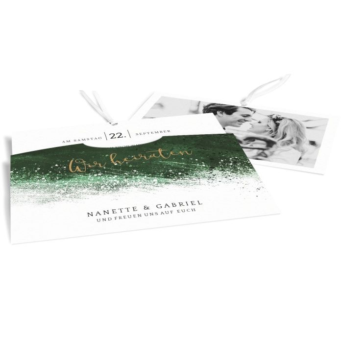 Hochzeitseinladung als Einsteckkarte mit Aquarell in Dunkelgrün - online selbst gestalten
