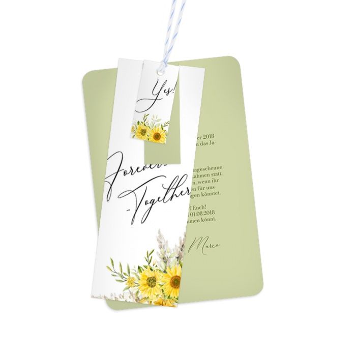 Hochzeitseinladung als Kartenset mit Sonnenblumen und Pampasgras in grün