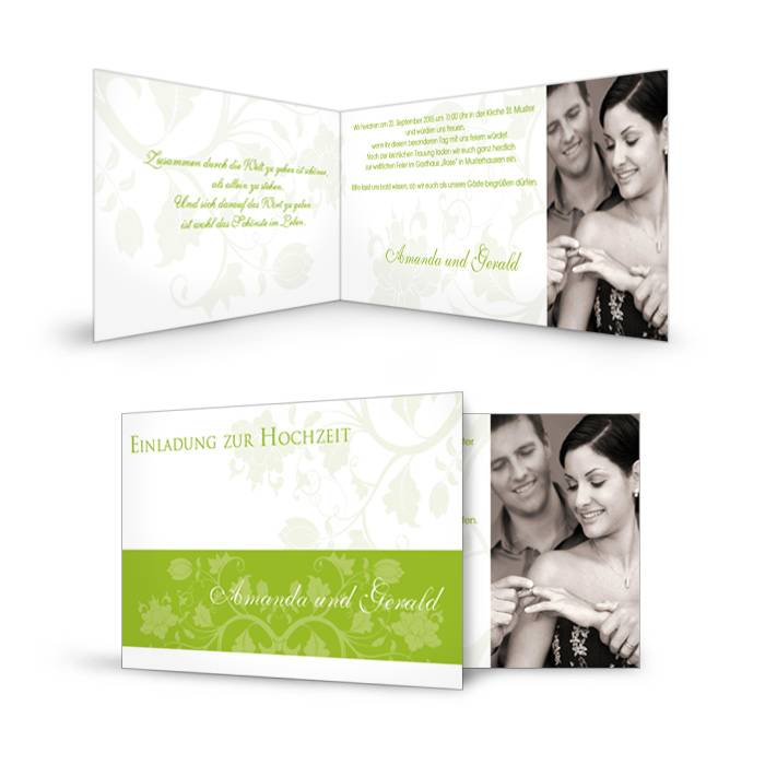 Einladung zur Hochzeit mit floralem Design in Grün und Foto