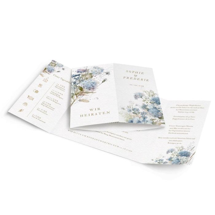 Hochzeitseinladung Blue Bohemien Flower mit blauen Hortensien
