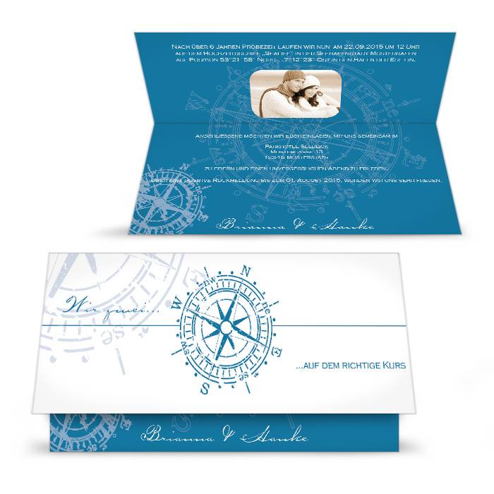 Maritime Einladung zur Hochzeit mit antikem Kompass in Blau