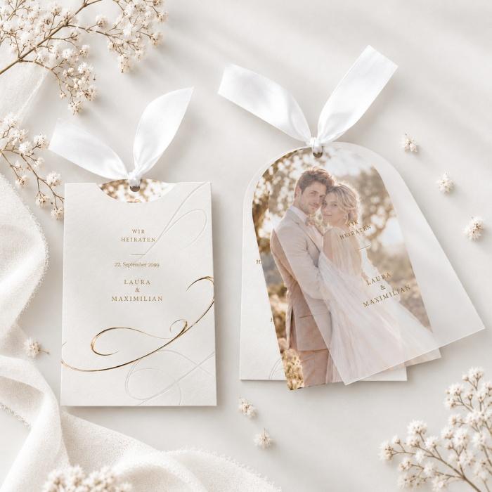Hochzeitseinladung mit Einsteckhülle, Fotokarte, Transparentpapier und aufgedruckter Reliefoptik