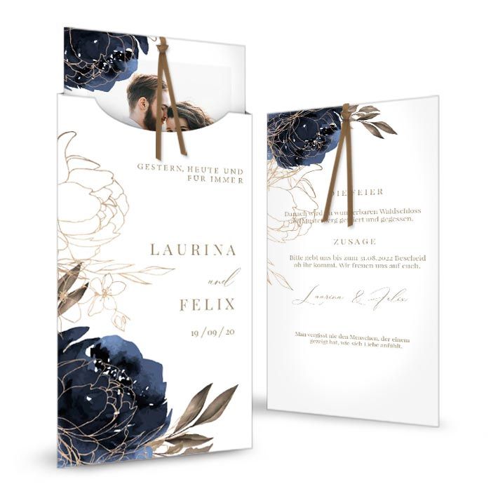 Hochzeitseinladung Einsteckkarte mit blauer Aquarellrose