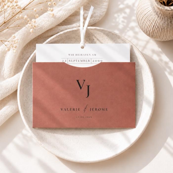 Hochzeitseinladung Einsteckkarte Terrakotta minimalistische Boho Hochzeitskarte mit Monogramm