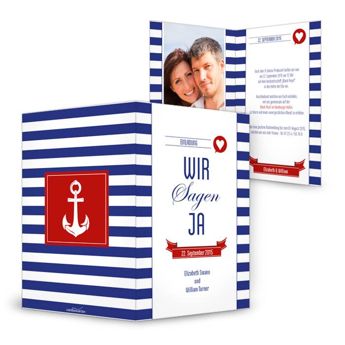 Maritime Einladung zur Hochzeit im blau-weißen Streifenlook