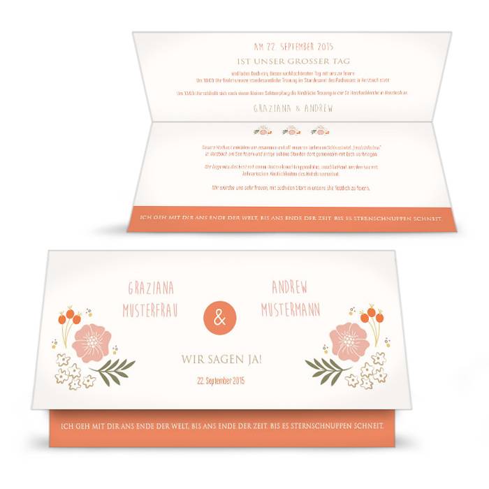 Einladung zur Hochzeit in Creme mit Blüten als Klappkarte
