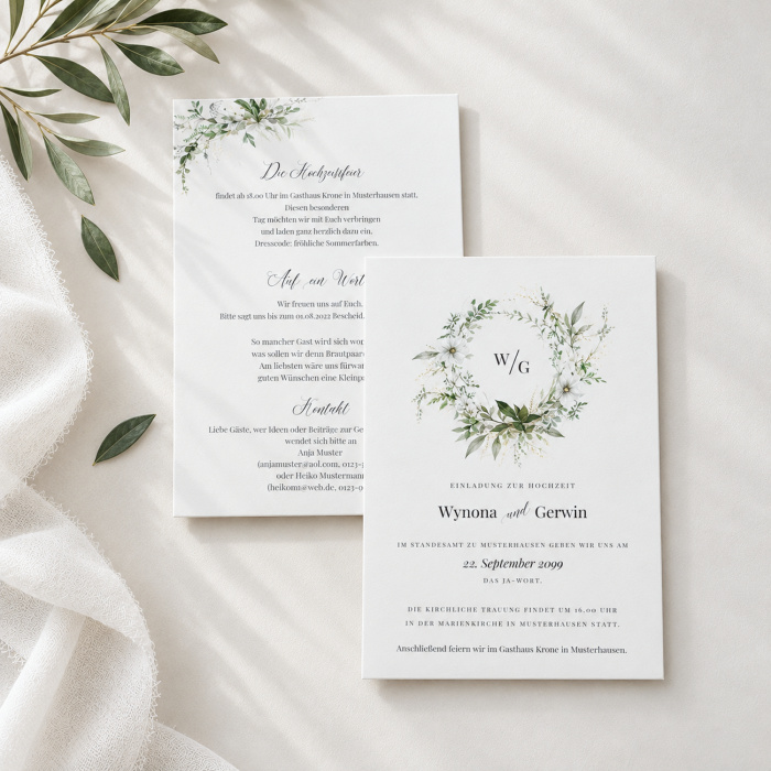 Florale Hochzeitseinladung Wynona und Gerwin im Hochformat mit zartem Greenery-Kranz, weißen Blüten 