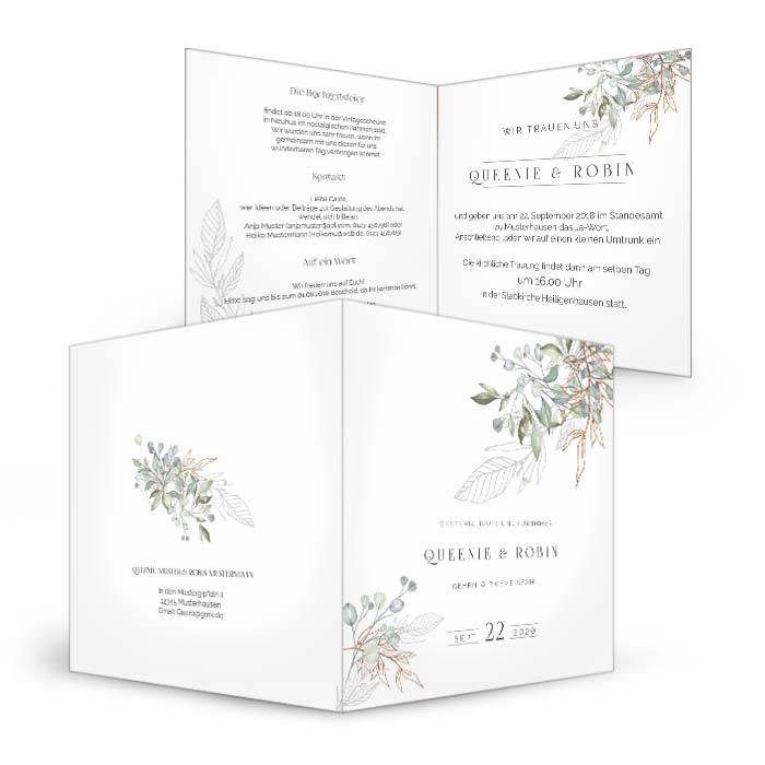 Greenery Hochzeitseinladung mit Aquarell Eukalyptuszweig
