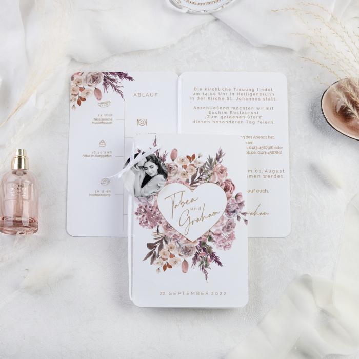 Hochzeitseinladung im Dried Flower Design in Rosa mit eurem Foto