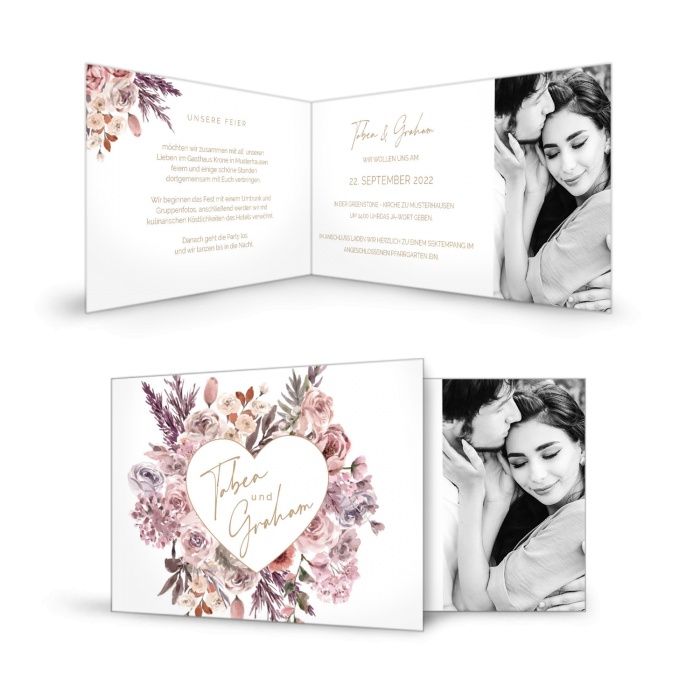 Hochzeitseinladung im Herbstdesign mit Aquarell Trockenblumen in Rosa