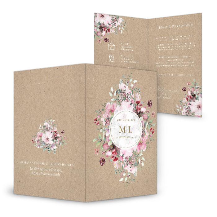 Hochzeitseinladung in Kraftpapieroptik  mit Aquarellblumen in Rosa