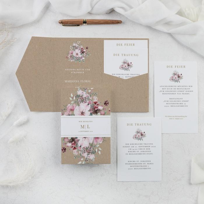 Hochzeitseinladung Pocket mit Banderole, Kraftpapieroptik und Aquarellblumen