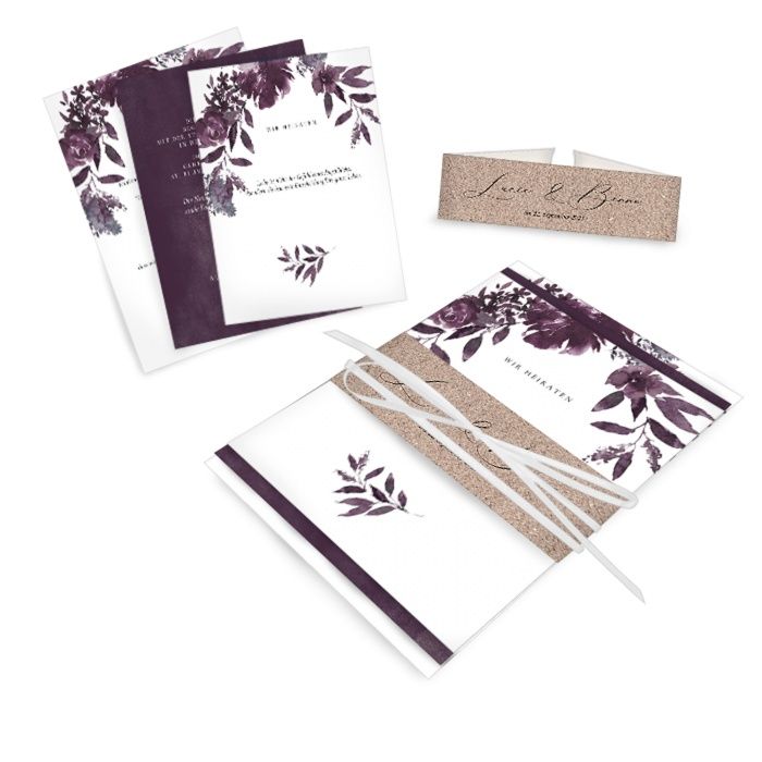 Hochzeitseinladung Kartenset mit Banderole und bordeauxfarbenen Aquarellblumen