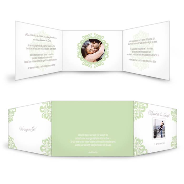 Edle Hochzeitseinladungskarte mit barocken Ornamenten in Grün