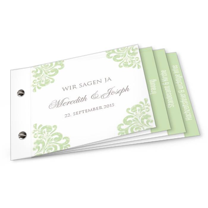 Grüne Hochzeitseinladung mit barocken Elementen als Booklet