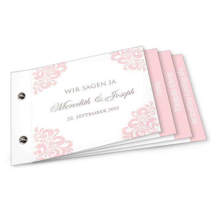 Rosa Hochzeitseinladung mit barocken Elementen als Booklet