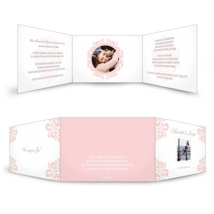 Edle Hochzeitseinladungskarte mit barocken Ornamenten in Rosa