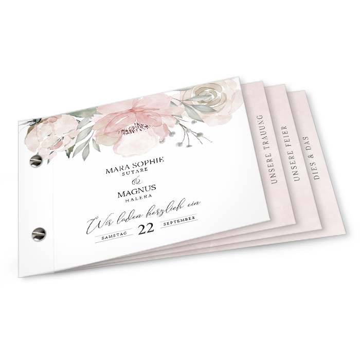 Hochzeitseinladung als Booklet mit Aquarellblumen in Rosa
