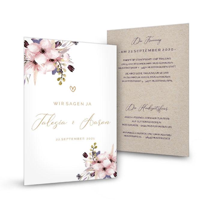 Hochzeitseinladung mit Aquarellblumen und Kraftpapieroptik