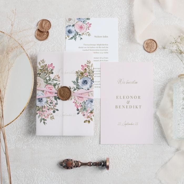 Hochzeitseinladung mit Aquarellrosen in zarten Pastellfarben mit Transparentpapier und Siegel
