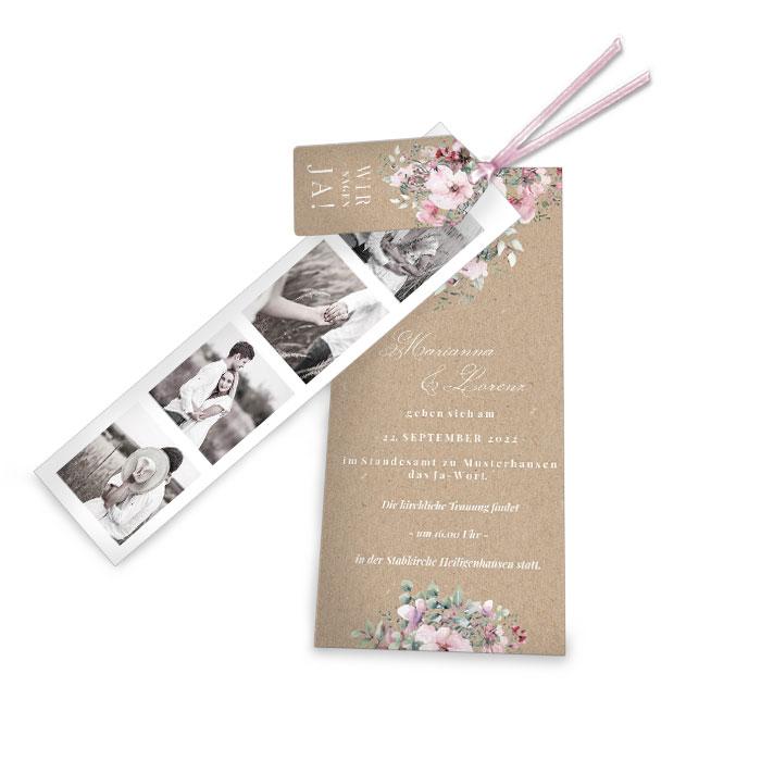 Hochzeitseinladung mit Fotostreifen in Kraftpapieroptik und mit Aquarellblumen