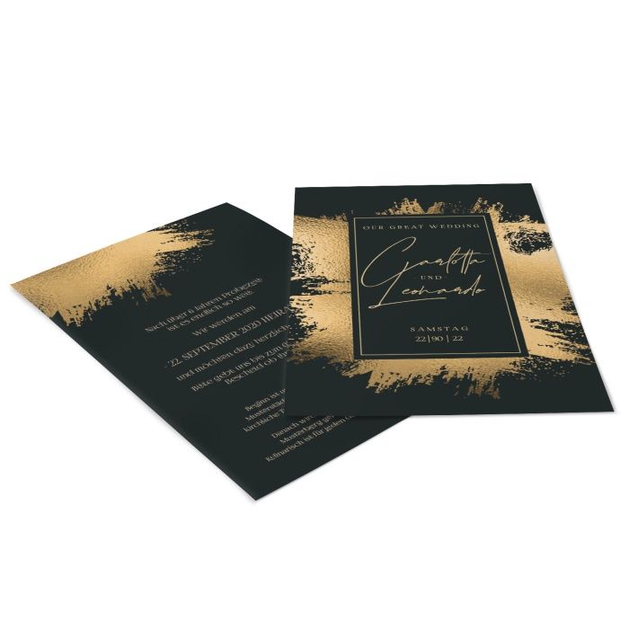 Hochzeitseinladung mit Goldbrush im Black and Gold Design