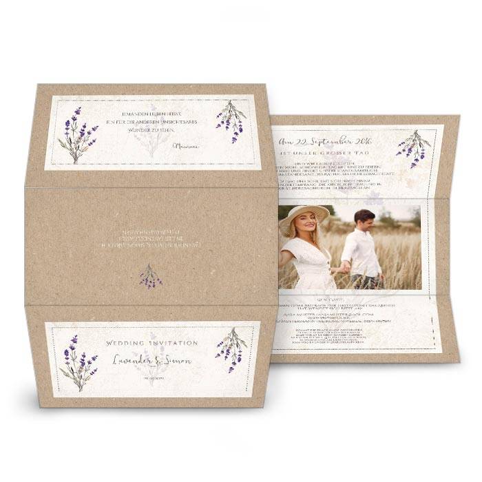 Hochzeitseinladung mit Lavendel in Kraftpapieroptik