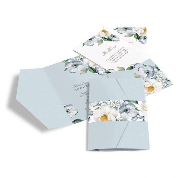 Hochzeitseinladung als Pocket Fold im floralen Design in Graublau