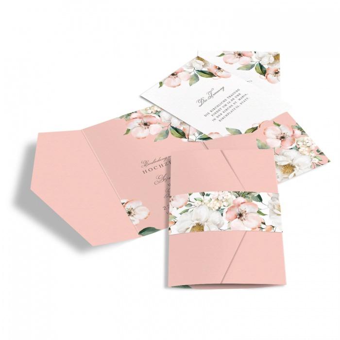Hochzeitseinladung als Pocket Fold im floralen Design in Rose