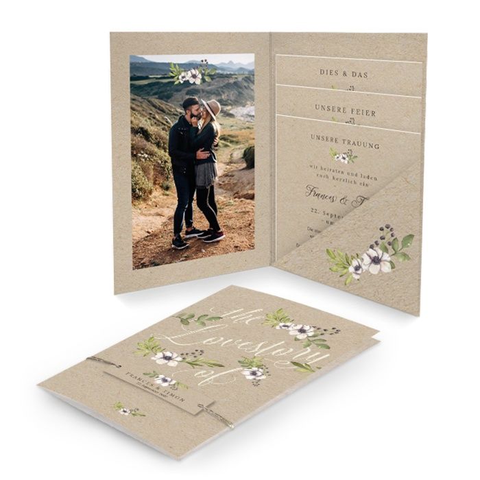 Hochzeitseinladung Pocket mit Anhänger und goldenen Rahmen mit Eukalyptus