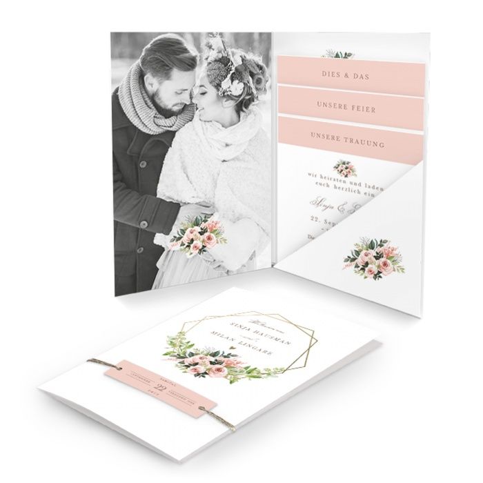 Hochzeitseinladung Pocket mit Anhänger, rosa Aquarellrosen und Rahmen