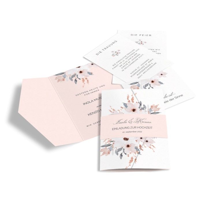 Hochzeitseinladung Pocket mit Banderole und rosafarbenen Aquarellblumen