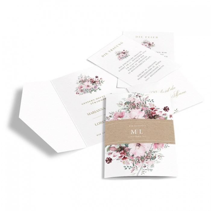 Hochzeitseinladung Pocket mit Banderole und rosafarbenen Aquarellblumen