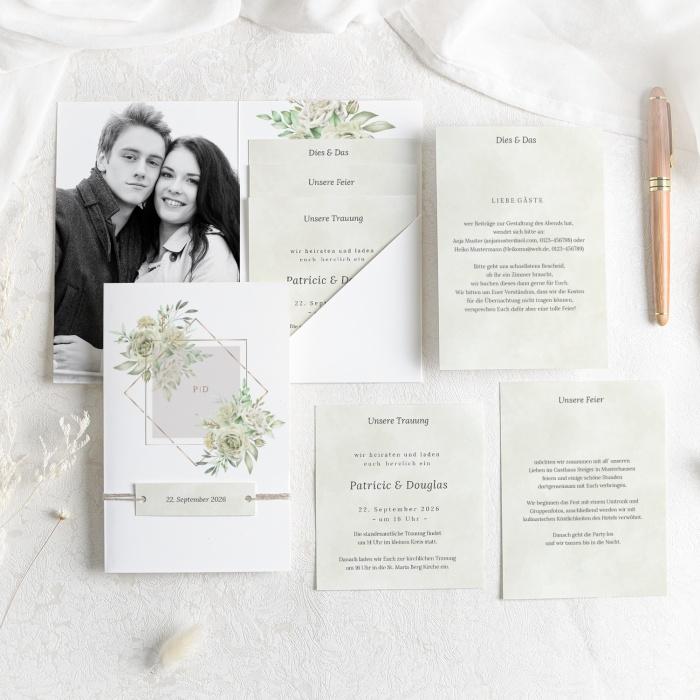 Hochzeitseinladung Pocket mit goldenen Rahmen und weißen Rosen