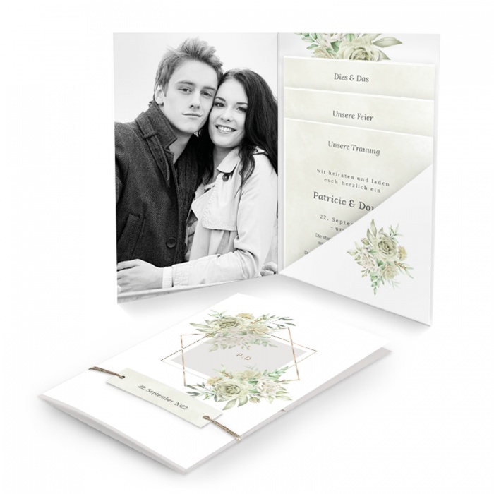 Hochzeitseinladung Pocket mit goldenen Rahmen und weißen Rosen