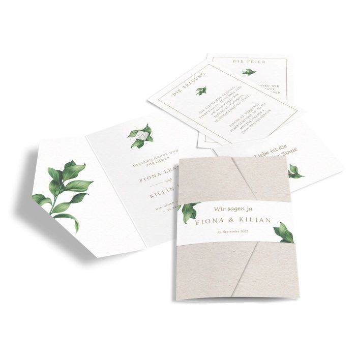 Hochzeitseinladung Pocket mit Greenery Leaves und Goldrahmen