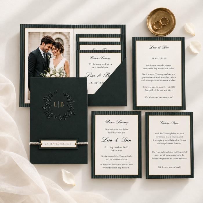 Modern Classic Pocketfold Hochzeitseinladung in Dunkelgrün und Gold mit digitalem Prägeeffekt