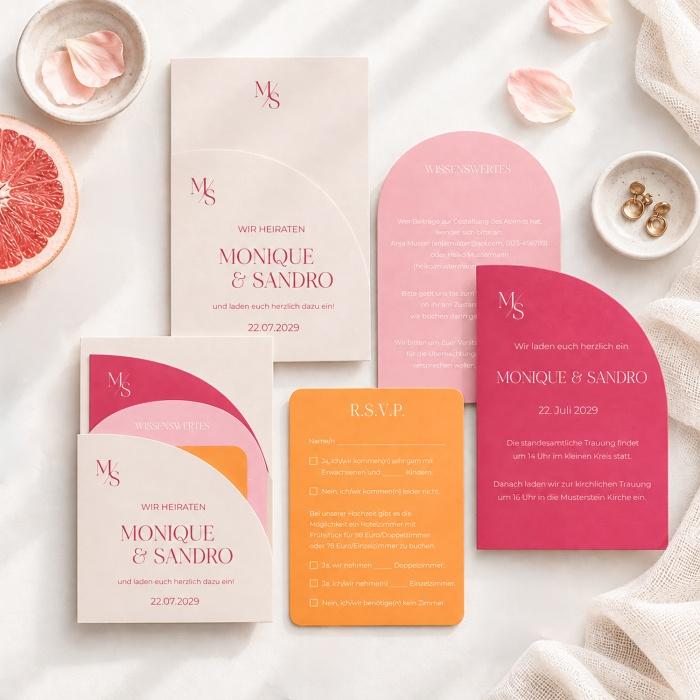 Hochzeitseinladung rosa pink modern mit Farbverlauf und eleganter Bogenform 