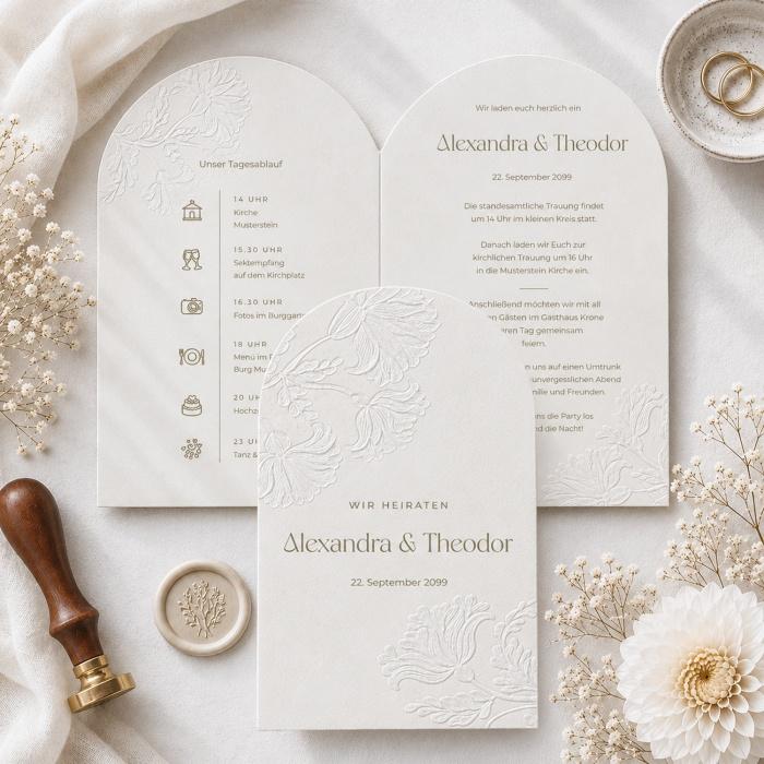 Digitale Letterpress Hochzeitseinladung im eleganten Letterpress-Stil, optisch geprägt, modern und h