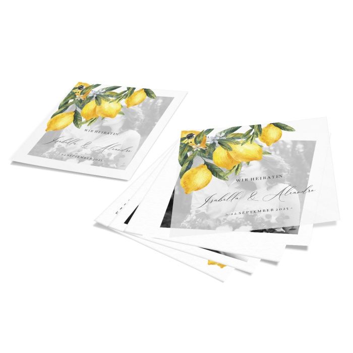 Hochzeitseinladung Transparent mit Zitronen als Kartenfächer - 9seitig