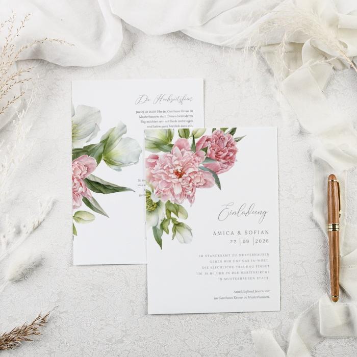Hochzeitseinladung mit eleganten Pfingstrosen als Postkarte