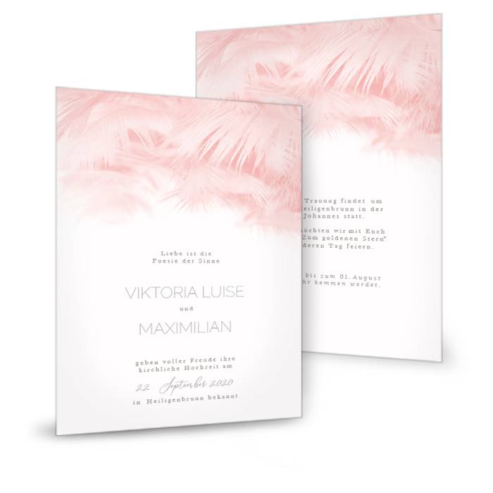 Hochzeitseinladung als Postkarte mit zarten Federn in Rose