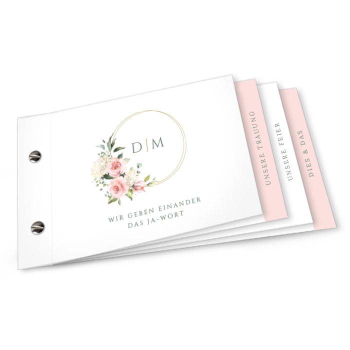 Hochzeitseinladung als Booklet mit Goldreif und Blumen in Rosa